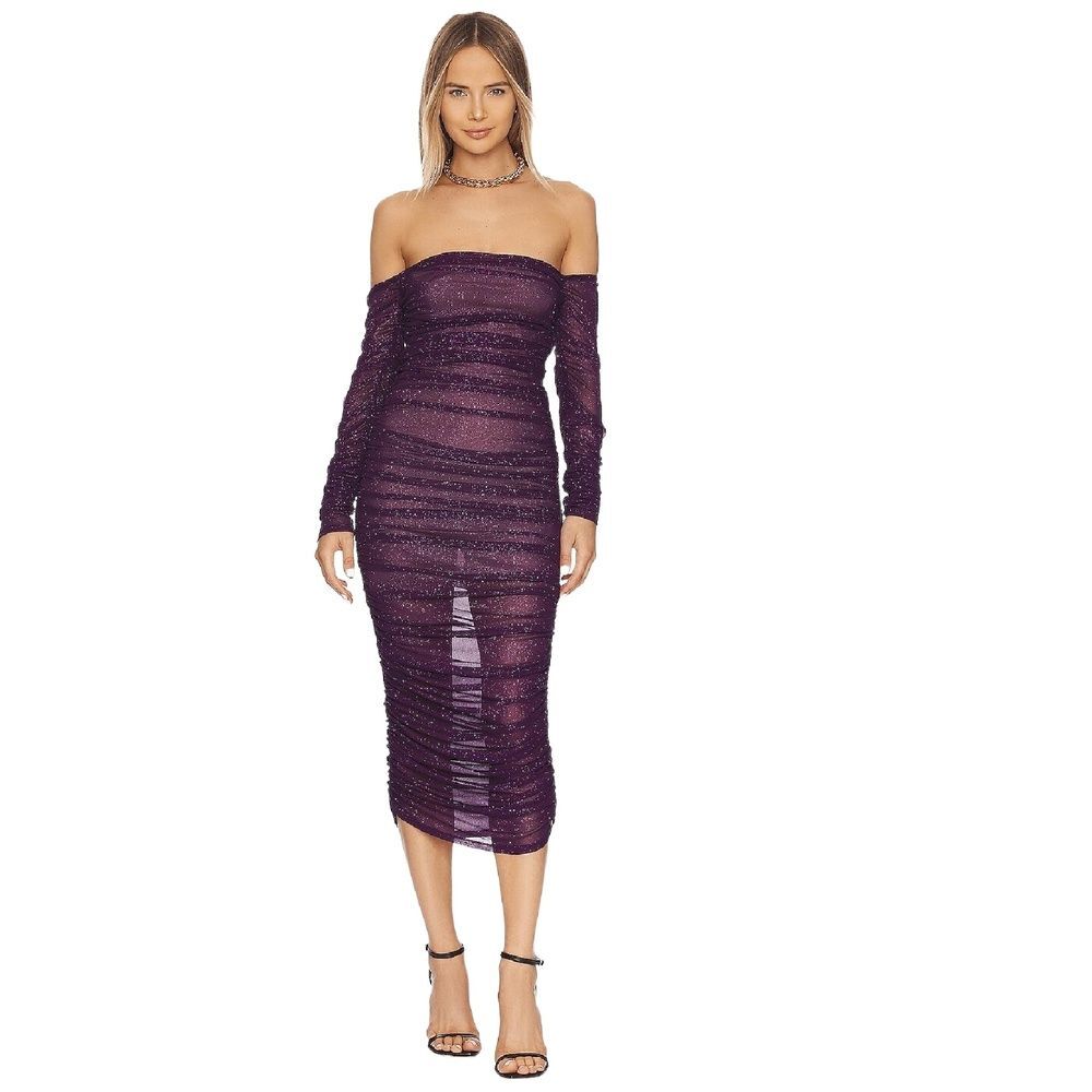 Bronx And Banco Ruched Midi Dress S Off Shoulder Glitter Cocktail Purple Maya
